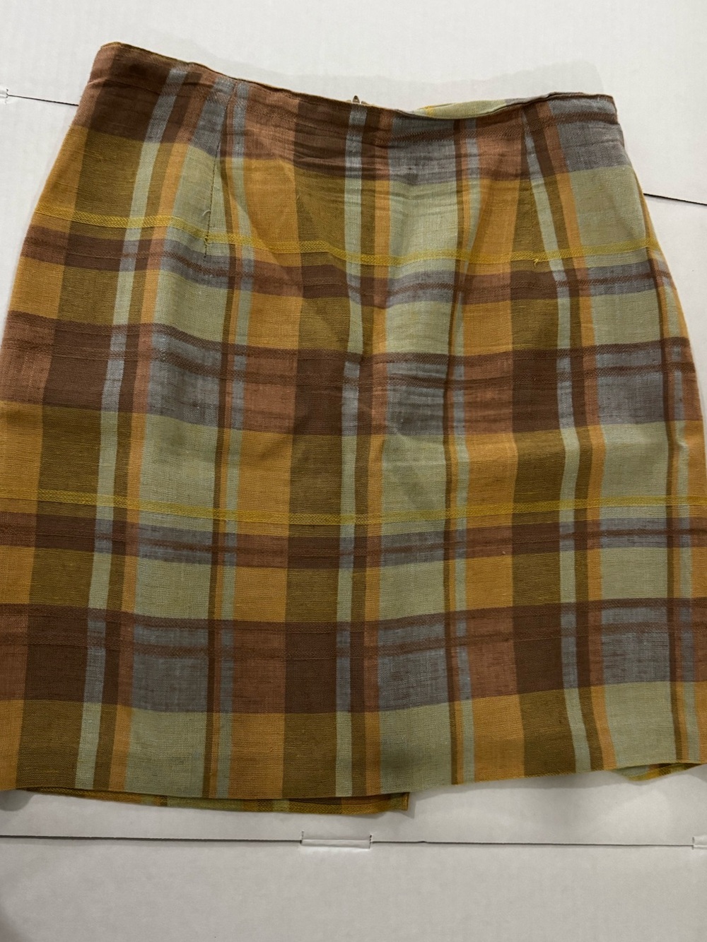 Vintage 90s Hunters Run Plaid Linen Blend Pencil Skirt Size 14 Earth Tones Retro
